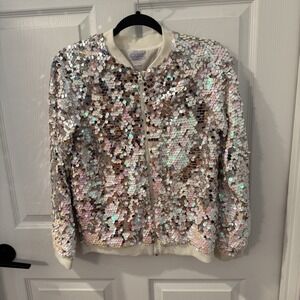 MORE THAN MAGIC Silver Pink Sequin Girls Bomber‎ Jacket, Size X-Large (14-16)